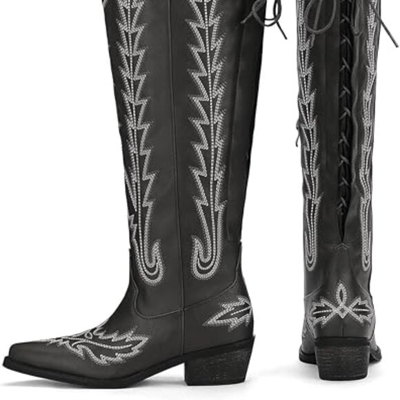 Thigh High Cowboy Boots with Lace Up Wide Calf Over The Knee Cowgirl Boot - Picture 4 of 7